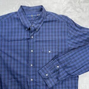 Ralph Lauren Shirt LS Men's 2XL Slim Fit Blue Tartan Plaid Cotton Lightweight
